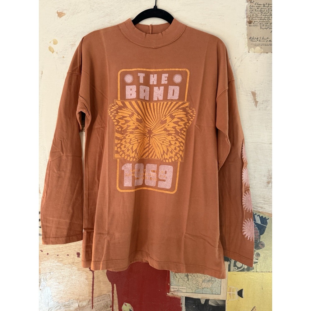 Midnight Rider The Band Butterfly T-Shirt Long Sleeve Mock Neck Orange Womens M - Picture 3 of 5